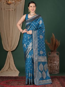 Sareemall - Women's Litchi Silk Teal Blue Woven Design Saree With Unstitched Blouse