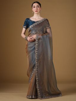 Sareemall - Women's Tissue Grey Solid Saree With Unstitched Blouse