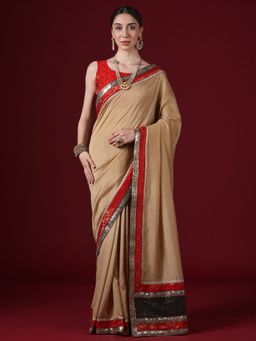 Sareemall - Women's Vichitra Silk Cream Solid Design Saree With Unstitched Blouse