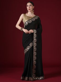 Sareemall - Women's Vichitra Silk Black Embellished Saree With Unstitched Blouse