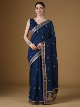 Sareemall - Women's Vichitra Silk Teal Embellished Saree With Unstitched Blouse