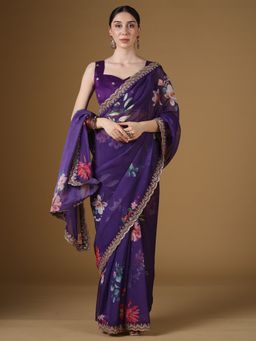 Sareemall - Women's Organza Purple Embellished Saree With Unstitched Blouse