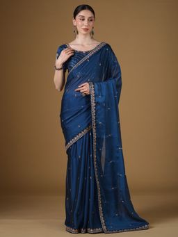 Sareemall - Women's Pure Georgette Teal Blue Embellished Saree With Unstitched Blouse