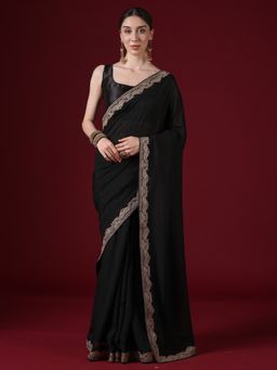 Sareemall - Women's Vichitra Silk Black Solid Embroidered Saree With Unstitched Blouse