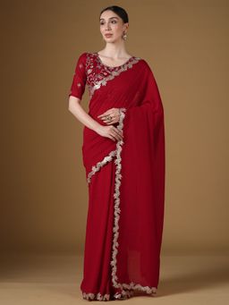 Sareemall - Women's Vichitra Silk Red Embellished Saree With Unstitched Blouse
