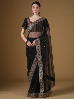 Sareemall - Women's Net Black Embellished Saree With Unstitched Blouse
