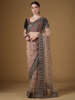 Sareemall - Women's Net Beige Embellished Saree With Unstitched Blouse