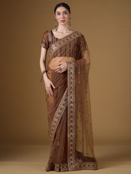 Sareemall - Women's Net Brown Embellished Saree With Unstitched Blouse