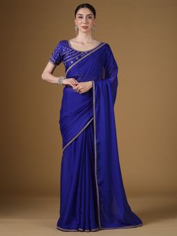 Sareemall - Women's Pure Georgette Blue Solid Embroidered Saree With Unstitched Blouse