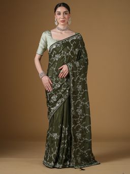 Sareemall - Women's Crepe Dark Green Embroidered Saree With Unstitched Blouse