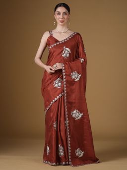 Sareemall - Women's Dola Silk Rust Zari Embroidered Saree With Unstitched Blouse