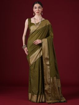 Sareemall - Women's Banarasi Silk Olive Woven Design Saree With Unstitched Blouse