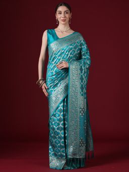 Sareemall - Women's Dola Silk Turquoise Woven Design Saree With Unstitched Blouse