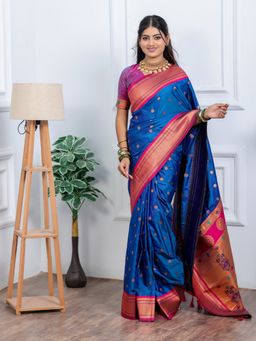 Varanga - Classic Indian Blue Silk Rich Woven Pallu Design Saree With Unstitched Blouse