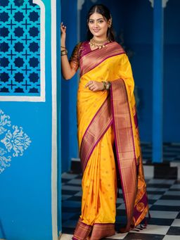Varanga - Classic Indian Yellow Silk Rich Woven Pallu Design Saree With Unstitched Blouse