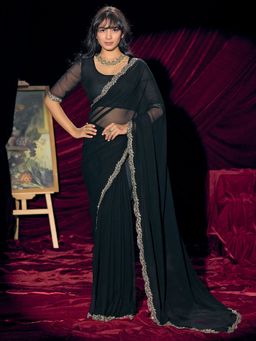 Sareemall - Women's Pure Georgette Black Solid Saree With Unstitched Blouse