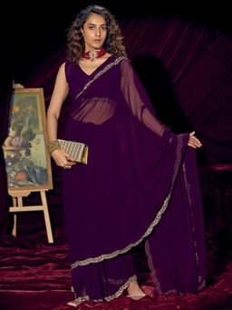Sareemall - Women's Pure Georgette Purple Solid Saree With Unstitched Blouse
