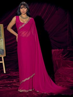 Sareemall - Women's Pure Georgette Pink Solid Saree With Unstitched Blouse