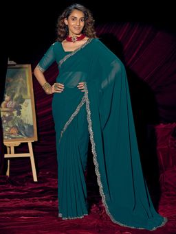 Sareemall - Women's Pure Georgette Teal Green Solid Saree With Unstitched Blouse