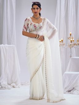 Sareemall - Women's Silk White Embellished Saree With Unstitched Blouse