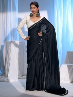 Sareemall - Women's Satin Silk Black Solid Saree With Unstitched Blouse