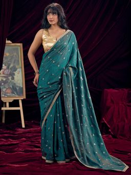Sareemall - Women's Silk Teal Green Embellished Saree With Unstitched Blouse