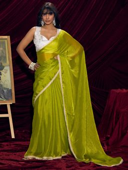Sareemall - Women's Satin Silk Olive Solid Saree With Unstitched Blouse