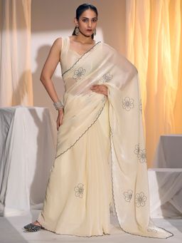 Sareemall - Women's Satin Silk Off White Embellished Saree With Unstitched Blouse