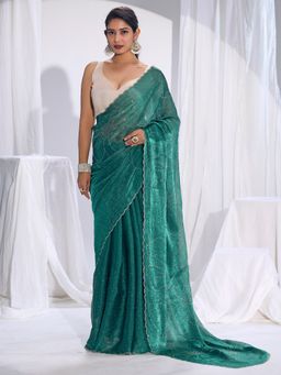 Sareemall - Women's Satin Silk Teal Green Embellished Saree With Unstitched Blouse