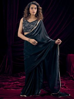 Sareemall - Women's Satin Silk Black Solid Saree With Unstitched Blouse