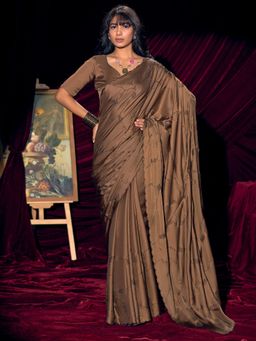 Sareemall - Women's Satin Silk Coffee Brown Embellished Saree With Unstitched Blouse