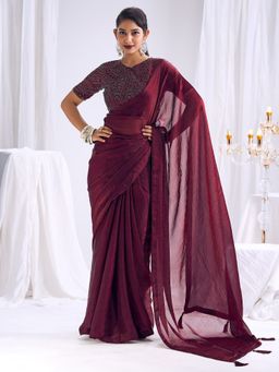Sareemall - Women's Satin Silk Burgundy Solid Saree With Unstitched Blouse