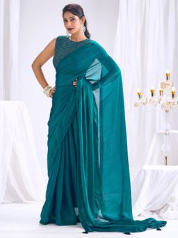 Sareemall - Women's Satin Silk Teal Blue Solid Saree With Unstitched Blouse