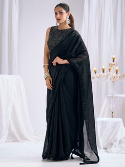 Sareemall - Women's Satin Silk Black Solid Saree With Unstitched Blouse