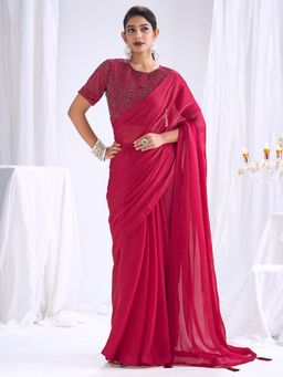 Sareemall - Women's Satin Silk Red Solid Saree With Unstitched Blouse