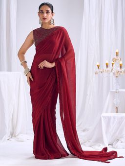 Sareemall - Women's Satin Silk Maroon Solid Saree With Unstitched Blouse
