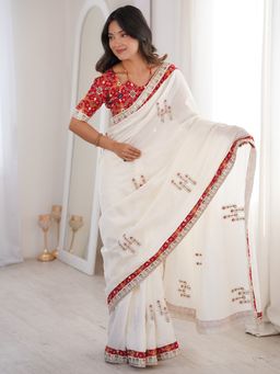 Sareemall - Women's Dola Silk White Embroidered Saree With Unstitched Blouse