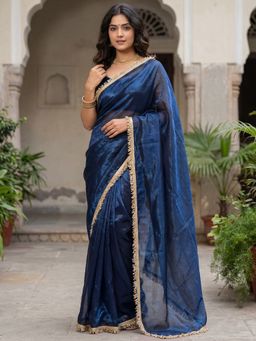 Sareemall - Women's Net Teal Blue Solid Saree With Unstitched Blouse