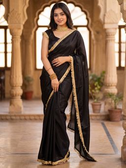 Sareemall - Women's Net Black Solid Saree With Unstitched Blouse