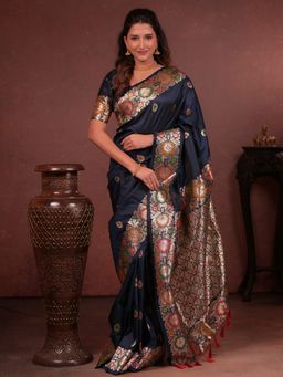 Varanga - Luxurious Navy Blue Silk Rich Woven Pallu Design Saree With Unstitched Blouse