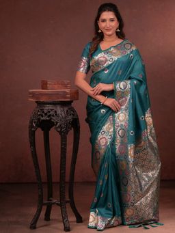 Varanga - Luxurious Teal Silk Rich Woven Pallu Design Saree With Unstitched Blouse