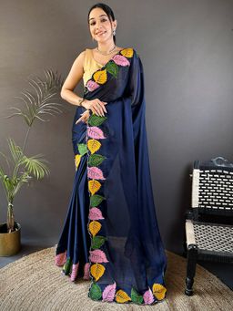 Varanga - Luxurious Navy Blue Silk Rich Embroidered Pallu Design Saree With Unstitched Blouse