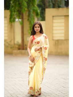 Varanga - Embroidered Border Cream Chiffon Saree With Unstitched Blouse