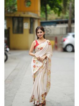 Varanga - Embroidered Border Off-White Chiffon Saree With Unstitched Blouse