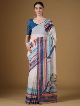 Sareemall - Women's Organza Off-White Digital Print Saree With Unstitched Blouse