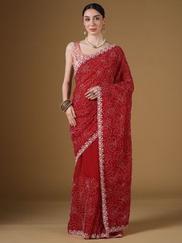 Sareemall - Women's Georgette Red Embroidered Saree With Unstitched Blouse
