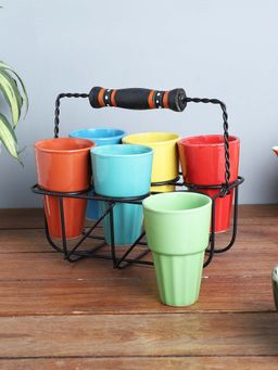 The Decor Mart - Cutting Chai Glass Set With Metal Stand- Set Of 6