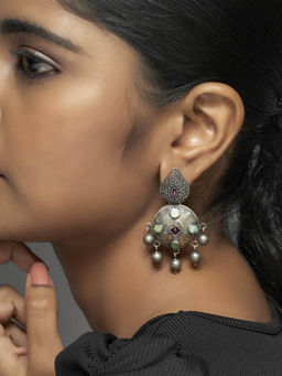 Divas Mantra - 92.5 Silver Oxidised CULT Round Dangler Earrings with Red Spinel Stones