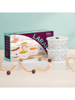Larah by Borosil - 400ML opalware Round Lunch Box (Pack Of 2)