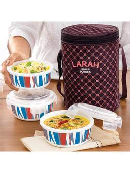 Larah by Borosil - 400ML maroon Opalware Round Lunch Box with Lunch Bag